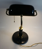 Vintage Curved Black Glass on Brass Black Marble Base and Pillar Bankers Desk Lamp 15" Tall