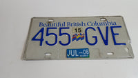 Beautiful British Columbia White with Blue Letters Vehicle License Plate 455 GVE