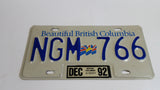 1992 Beautiful British Columbia White with Blue Letters Vehicle License Plate NGM 766