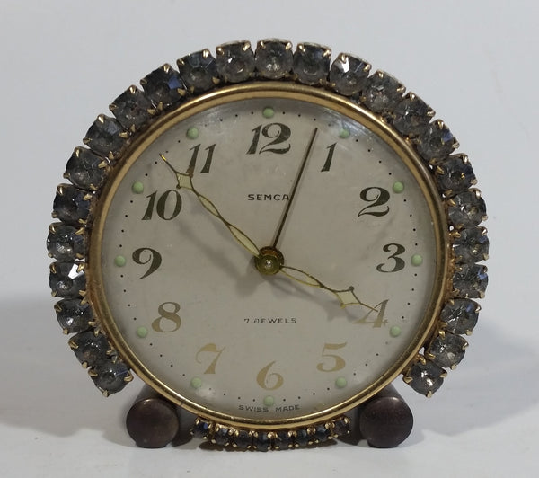 Vintage Semca 7 Jewels Rhinestone Gem Decorated Wind Up Alarm Clock - Needs Repair