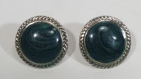 Dark Black Green Marble Style Swirl 3/4" Round Metal Braided Edge Earrings