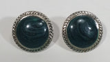 Dark Black Green Marble Style Swirl 3/4" Round Metal Braided Edge Earrings