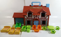 Vintage Fisher Price Little People Brown Tudor House Toy with Opening Garage Door and Doorbell with Furniture