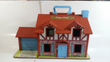 Vintage Fisher Price Little People Brown Tudor House Toy with Opening Garage Door and Doorbell with Furniture