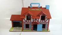 Vintage Fisher Price Little People Brown Tudor House Toy with Opening Garage Door and Doorbell with Furniture