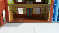 Vintage Fisher Price Little People Brown Tudor House Toy with Opening Garage Door and Doorbell with Furniture