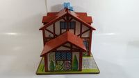 Vintage Fisher Price Little People Brown Tudor House Toy with Opening Garage Door and Doorbell with Furniture