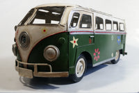 Vintage Style VW Volkswagen Hippy Bus Van Wagon Green and White Tin Metal Vehicle 13" Long