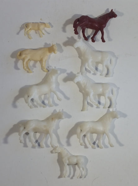 Vintage Set of 9 Horses White, Light Tan, and Brown Plastic Toy Farm Animal Figures