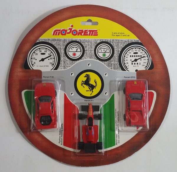 Vintage Majorette Ferrari 3 Pack F40, F1, GTO Red Die Cast Toy Car Vehicles New in Steering Wheel Shaped Package