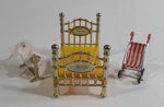 Vintage 1980 Mattel Doll House Decorative Metal and Brass Bed, Rocking Cradle with Pink Veil, and Red and White Striped Stroller Miniature