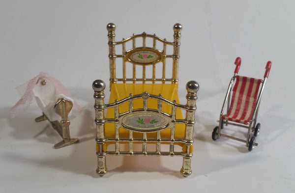 Vintage 1980 Mattel Doll House Decorative Metal and Brass Bed, Rocking Cradle with Pink Veil, and Red and White Striped Stroller Miniature
