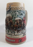 1987 Budweiser Holiday Stein Collection Collector's Series "The hitch parading through the familiar Anheuser-Busch Gates at Grant's Farm on a Brisk Wintery day." Ceramic Beer Stein - Handcrafted in Brazil by Ceramarte