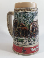 1987 Budweiser Holiday Stein Collection Collector's Series "The hitch parading through the familiar Anheuser-Busch Gates at Grant's Farm on a Brisk Wintery day." Ceramic Beer Stein - Handcrafted in Brazil by Ceramarte