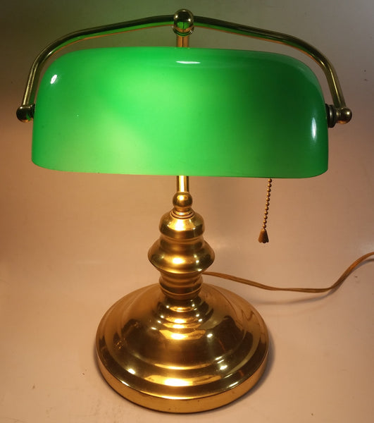 Vintage Style Curved Green Glass on Brass Bankers Desk Lamp 15" Tall