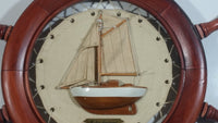 Vintage Cotre Aurique Sail Boat Ship Cloth and Wood Wooden Ships Wheel 16" Diameter