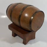 Vintage Heavy Solid Wood Brass Banded Miniature 6" Long Whiskey Liquor Barrel on Table Style Stand