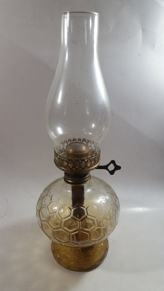 Antique Kerosene Oil Brass and Glass Lamp with Glass Chimney and Honey Comb Base