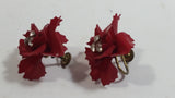 Vintage West Germany Clip On Red Flower Rhinestone Earrings