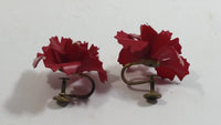 Vintage West Germany Clip On Red Flower Rhinestone Earrings