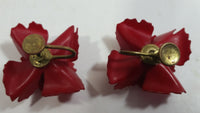 Vintage West Germany Clip On Red Flower Rhinestone Earrings
