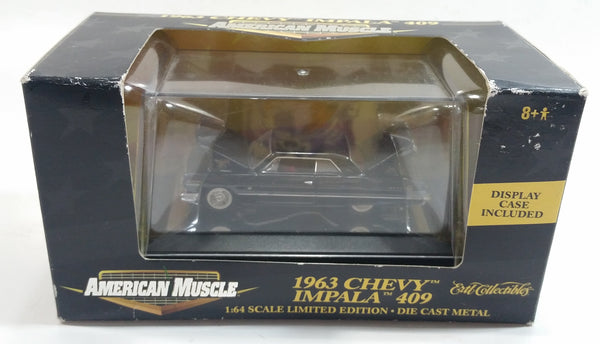 2000 Ertl Collectible American Muscle Limited Edition 1963 Chevy Impala 409 1/64 Scale Black Die Cast Toy Race Car Vehicle New in Box with Display Case