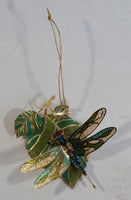 Baldwin 24KT Gold on Brass Green and Blue Dragon Fly on Leaves Christmas Tree Ornament