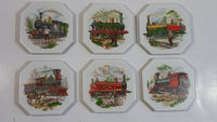 Vintage 19th Century Locomotive Train Scenes Octagon Shaped Ceramic Coaster Tiles Set of Railroad Collectibles