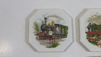 Vintage 19th Century Locomotive Train Scenes Octagon Shaped Ceramic Coaster Tiles Set of Railroad Collectibles