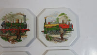 Vintage 19th Century Locomotive Train Scenes Octagon Shaped Ceramic Coaster Tiles Set of Railroad Collectibles