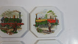 Vintage 19th Century Locomotive Train Scenes Octagon Shaped Ceramic Coaster Tiles Set of Railroad Collectibles