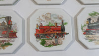 Vintage 19th Century Locomotive Train Scenes Octagon Shaped Ceramic Coaster Tiles Set of Railroad Collectibles