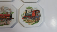 Vintage 19th Century Locomotive Train Scenes Octagon Shaped Ceramic Coaster Tiles Set of Railroad Collectibles