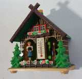 Vintage Western Germany Christmas Themed Black Forest Bavarian House Homestead Shaped Wooden and Plastic Thermometer with Man and Woman 5" Tall