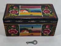 Vintage Hand Painted Farmhouse Scenery and Flowers Black Wood Locking Jewelry Box with Key