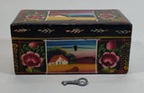 Vintage Hand Painted Farmhouse Scenery and Flowers Black Wood Locking Jewelry Box with Key