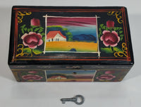 Vintage Hand Painted Farmhouse Scenery and Flowers Black Wood Locking Jewelry Box with Key