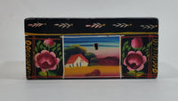 Vintage Hand Painted Farmhouse Scenery and Flowers Black Wood Locking Jewelry Box with Key