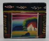 Vintage Hand Painted Farmhouse Scenery and Flowers Black Wood Locking Jewelry Box with Key