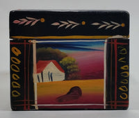 Vintage Hand Painted Farmhouse Scenery and Flowers Black Wood Locking Jewelry Box with Key