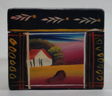 Vintage Hand Painted Farmhouse Scenery and Flowers Black Wood Locking Jewelry Box with Key