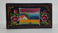 Vintage Hand Painted Farmhouse Scenery and Flowers Black Wood Locking Jewelry Box with Key