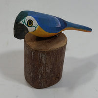 Tiny Miniature Blue White Yellow Parrot Bird Wood Craving 2" Tall