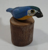 Tiny Miniature Blue White Yellow Parrot Bird Wood Craving 2" Tall