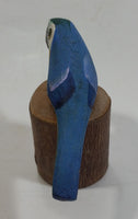 Tiny Miniature Blue White Yellow Parrot Bird Wood Craving 2" Tall