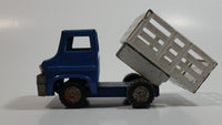 Vintage 1960s Louis Marx Blue and White Stake Bed Dumping Farm Truck Pressed Steel Toy Car Vehicle