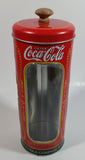 Drink Coca-Cola 9 1/4" Tall Red Embossed Tin Metal Straw Holder Container with Wood Handle Lid