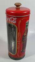 Drink Coca-Cola 9 1/4" Tall Red Embossed Tin Metal Straw Holder Container with Wood Handle Lid