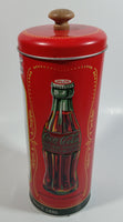 Drink Coca-Cola 9 1/4" Tall Red Embossed Tin Metal Straw Holder Container with Wood Handle Lid