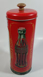 Drink Coca-Cola 9 1/4" Tall Red Embossed Tin Metal Straw Holder Container with Wood Handle Lid